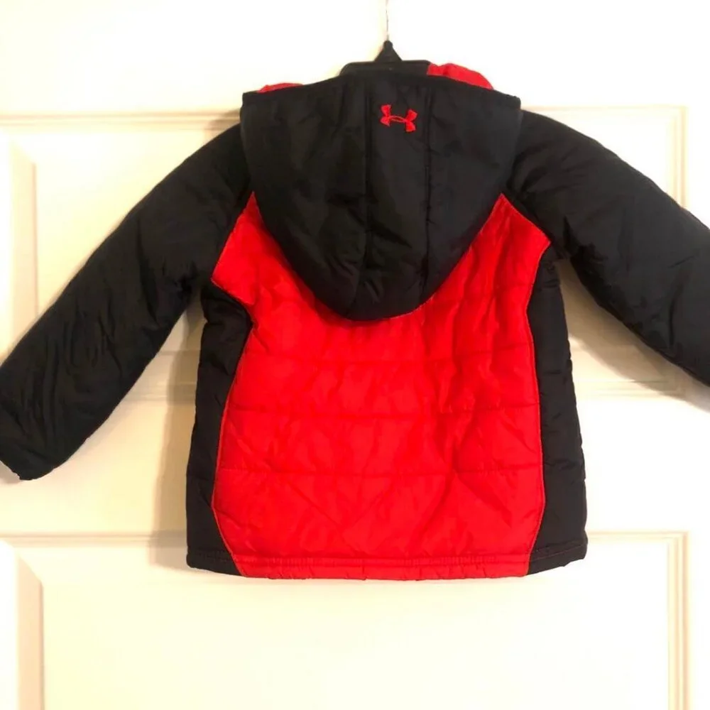 New UNDER ARMOUR Toddler Color Block Hooded Puffer Jacket Red\Black 18MO